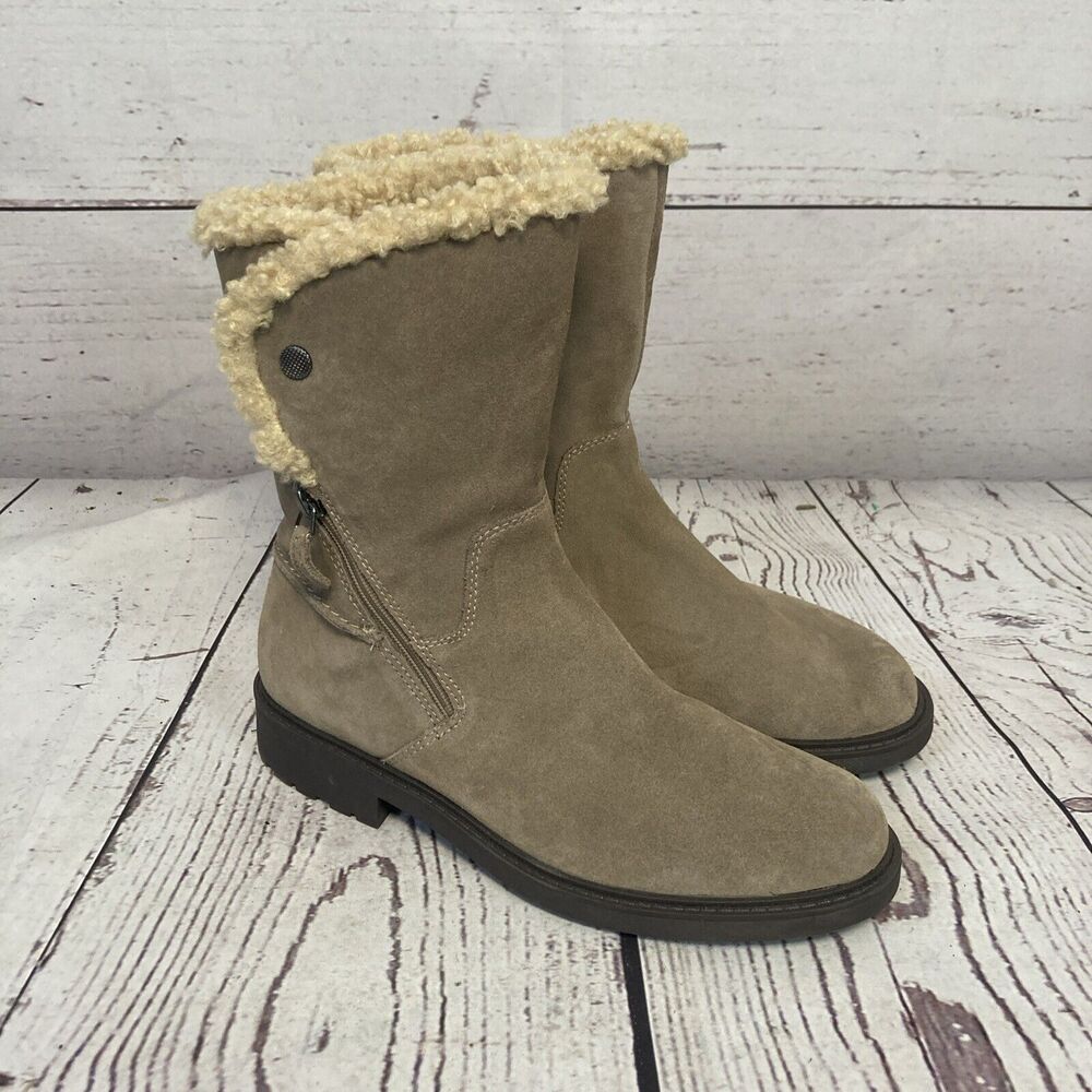 Clarks‎ Boots Womens 9.5M Opal Zip Suede Mid Calf Faux Fur Lined Bootie Beige
